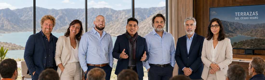 Equipo de profesionales de Bengal SAS Consultora reunidos con técnicos de obra, vista a la cordillera sanjuanina.